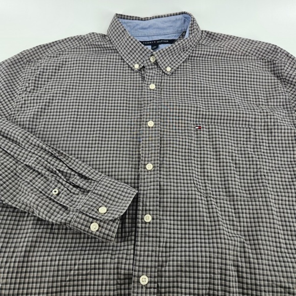 Tommy Hilfiger Shirt Men XXL Classic Fit Brown Blue Plaid Button Down LS